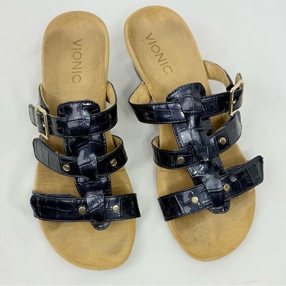 Vionic RADIA Blue Patent Reptile Embossed Triple T Strap Slide Wedge Sandals - Picture 5 of 14